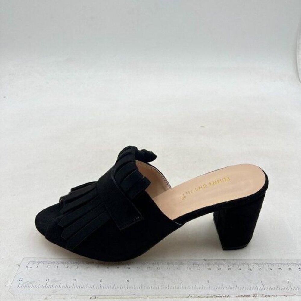 FSJ Open Toe Heeled Mules with Fringe Slip On High Chunky Heels Summer Black